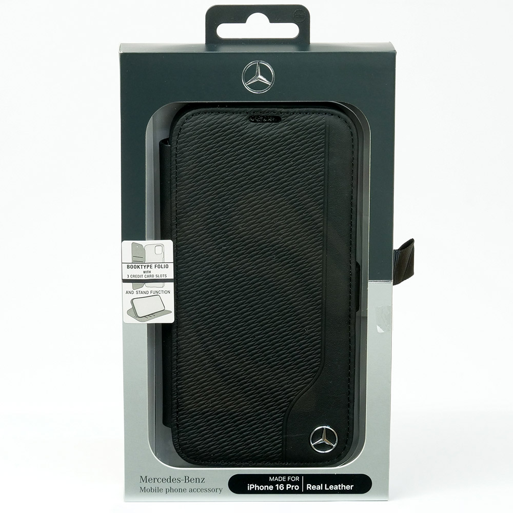 メルセデスベンツ iPhone 16Pro WOOD IMITATION レザー ブックタイプケース ブラック MEBKP16L23RBGVK