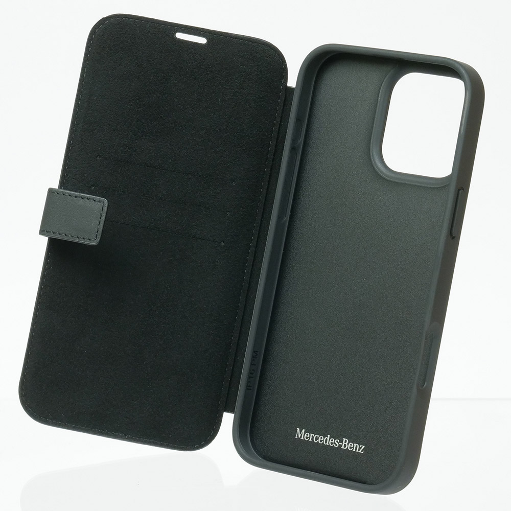 メルセデスベンツ iPhone 16ProMax WOOD IMITATION レザー ブックタイプケース ブラック MEBKP16X23RBGVK