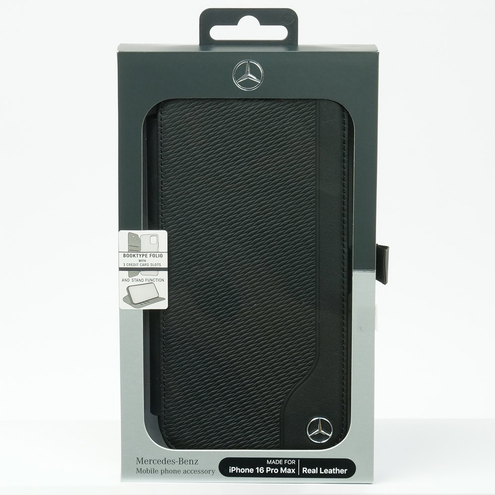 メルセデスベンツ iPhone 16ProMax WOOD IMITATION レザー ブックタイプケース ブラック MEBKP16X23RBGVK