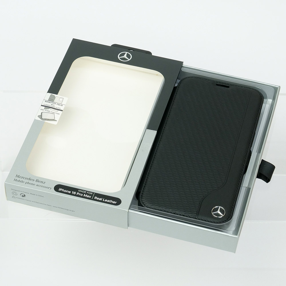 メルセデスベンツ iPhone 16ProMax WOOD IMITATION レザー ブックタイプケース ブラック MEBKP16X23RBGVK