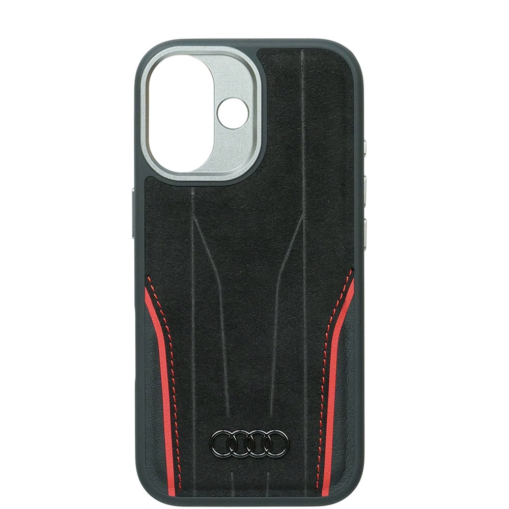 アウディ iPhone 17 アルカンターラ & レザー バックカバー ブラック/レッド マグセーフ対応 AU-TPUPCMIP17-R8/D3-RD