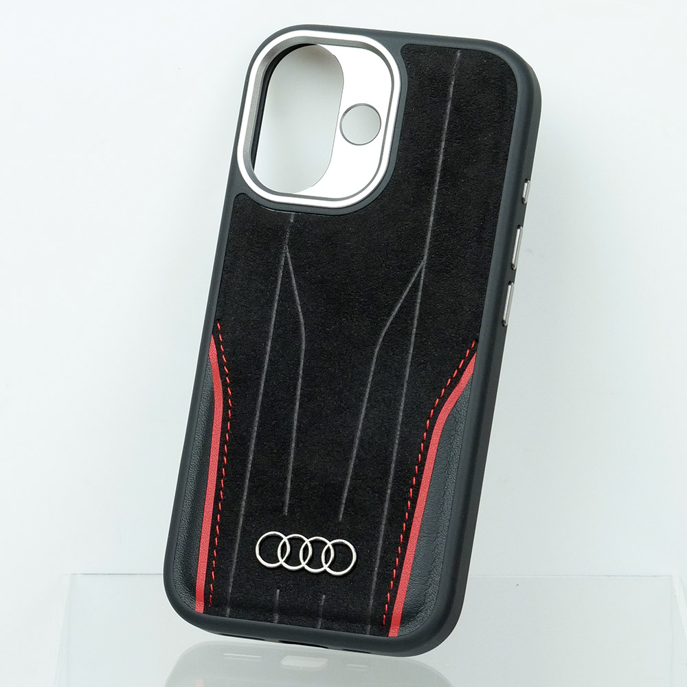 アウディ iPhone 17 アルカンターラ & レザー バックカバー ブラック/レッド マグセーフ対応 AU-TPUPCMIP17-R8/D3-RD
