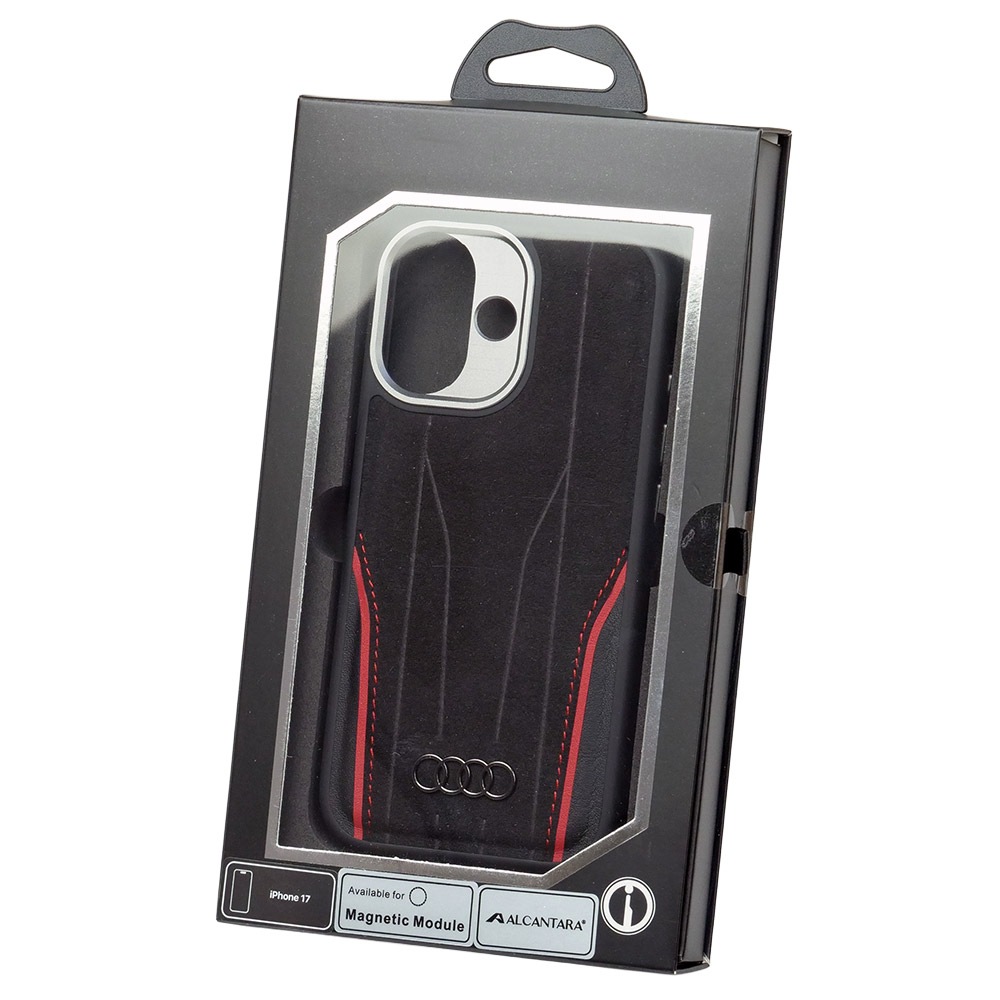 アウディ iPhone 17 アルカンターラ & レザー バックカバー ブラック/レッド マグセーフ対応 AU-TPUPCMIP17-R8/D3-RD