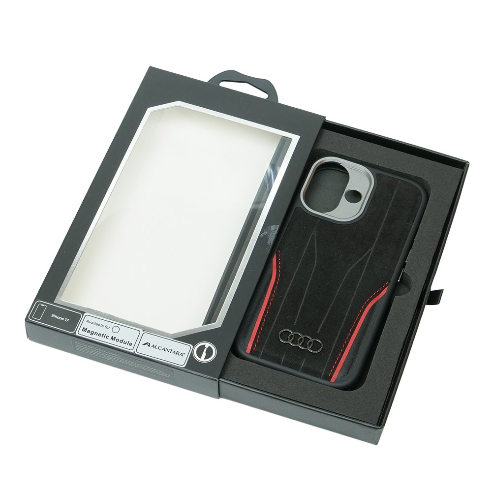 アウディ iPhone 17 アルカンターラ & レザー バックカバー ブラック/レッド マグセーフ対応 AU-TPUPCMIP17-R8/D3-RD