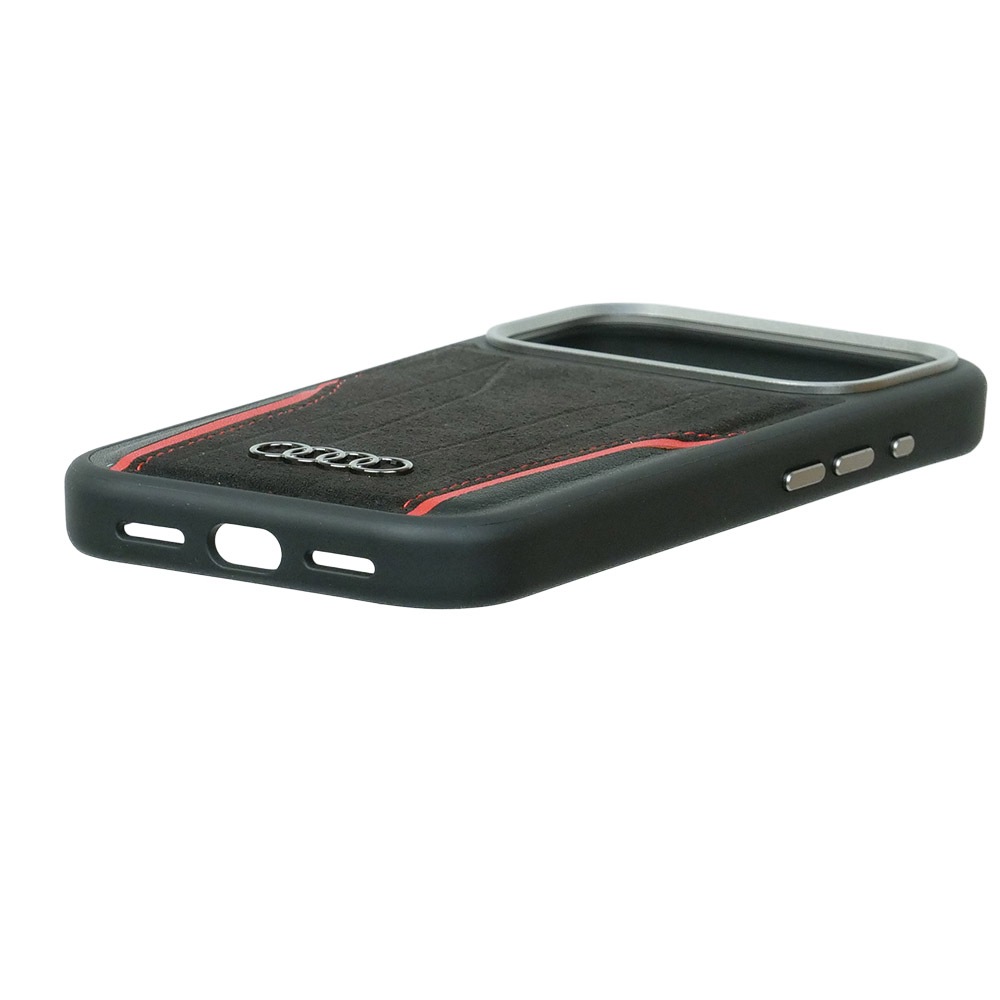 アウディ iPhone 17Pro アルカンターラ & レザー バックカバー ブラック/レッド マグセーフ対応 AU-TPUPCMIP17P-R8/D3-RD