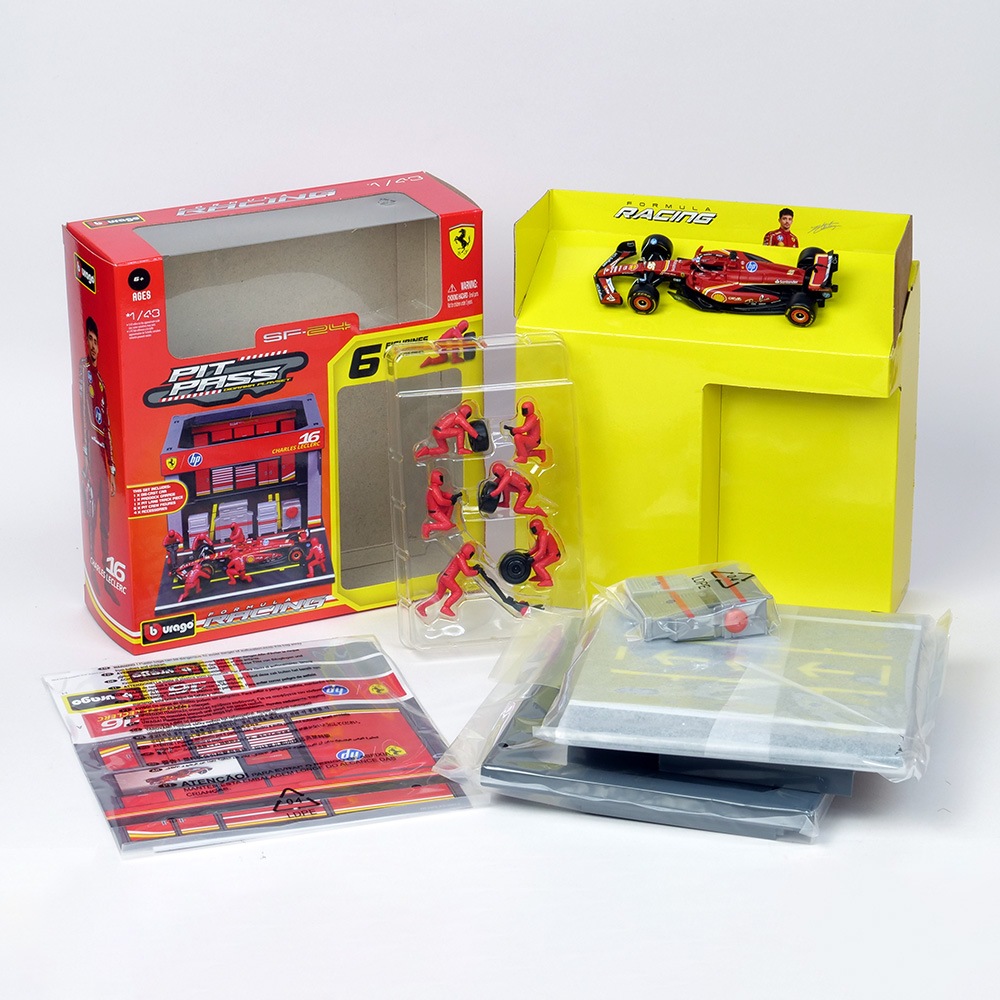 Bburago 1/43 フェラーリ PIT PASSセット SF-24 #16 C.ルクレール (クルー×6pcs,パドックガレージ) 18-36862L