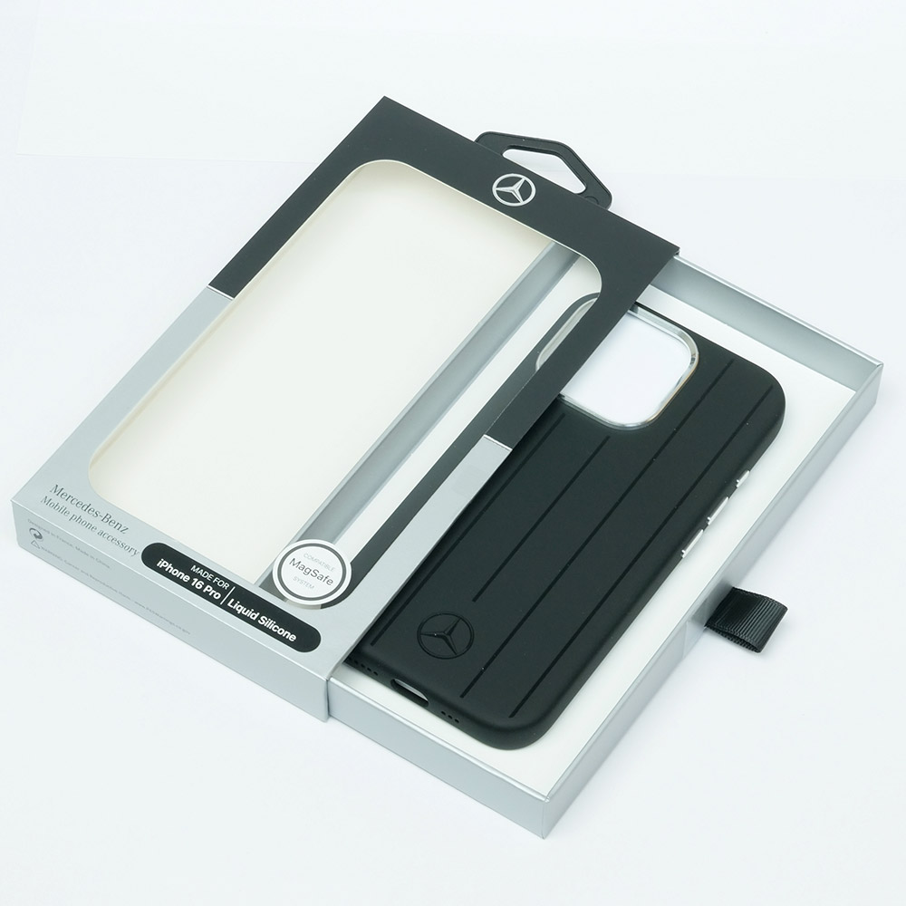 メルセデスベンツ iPhone 16Pro マグセーフ シリコン バックカバー ストライプ ブラック MEHMP16L23SUVSK