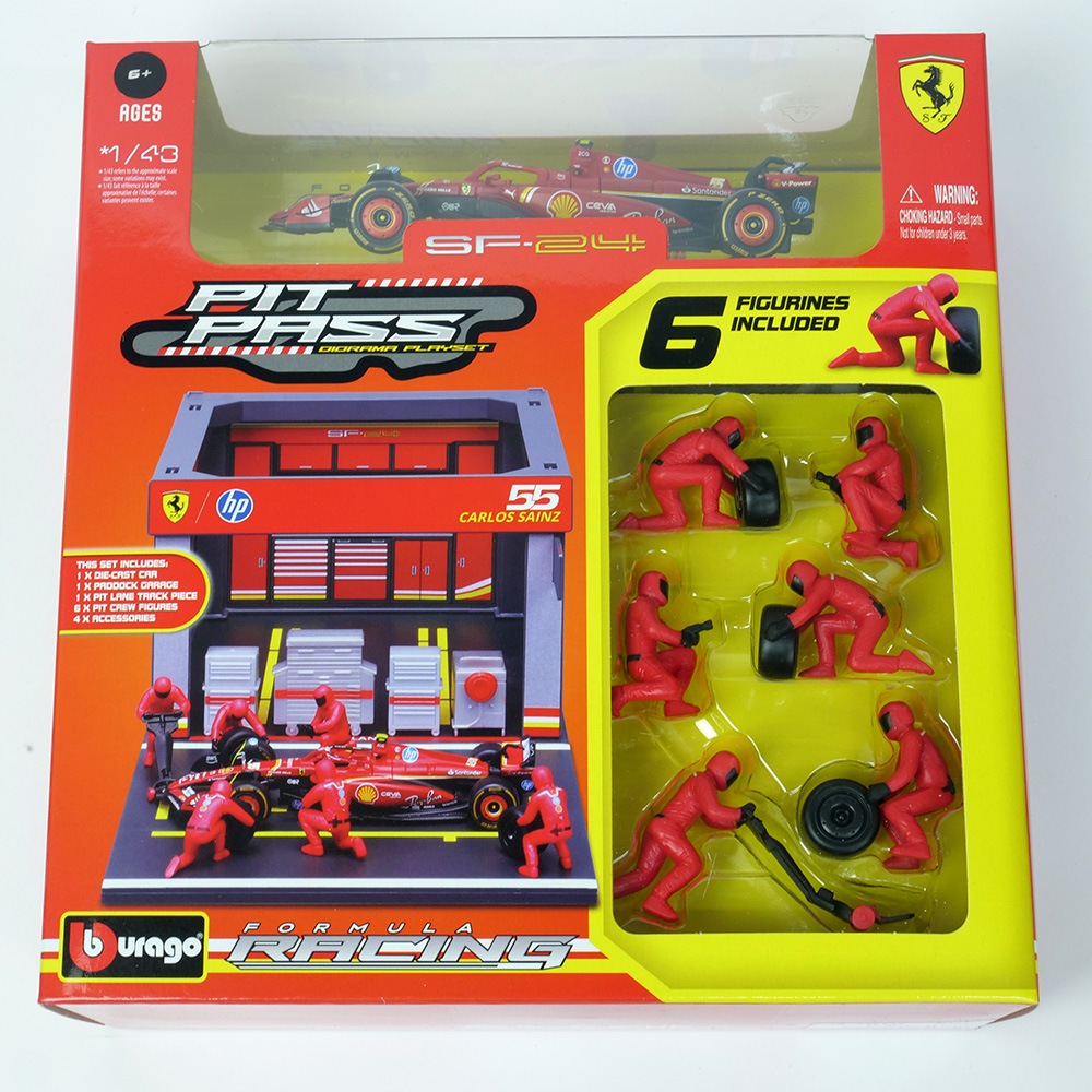 Bburago 1/43スケール フェラーリ PIT PASSセット SF-24 #55 C.サインツ (クルー×6pcs,パドックガレージ) 18-36862S