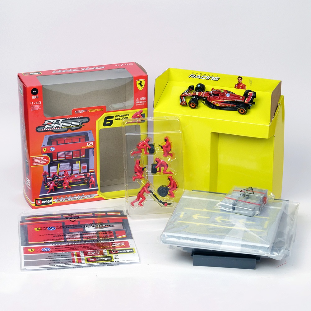 Bburago 1/43スケール フェラーリ PIT PASSセット SF-24 #55 C.サインツ (クルー×6pcs,パドックガレージ) 18-36862S