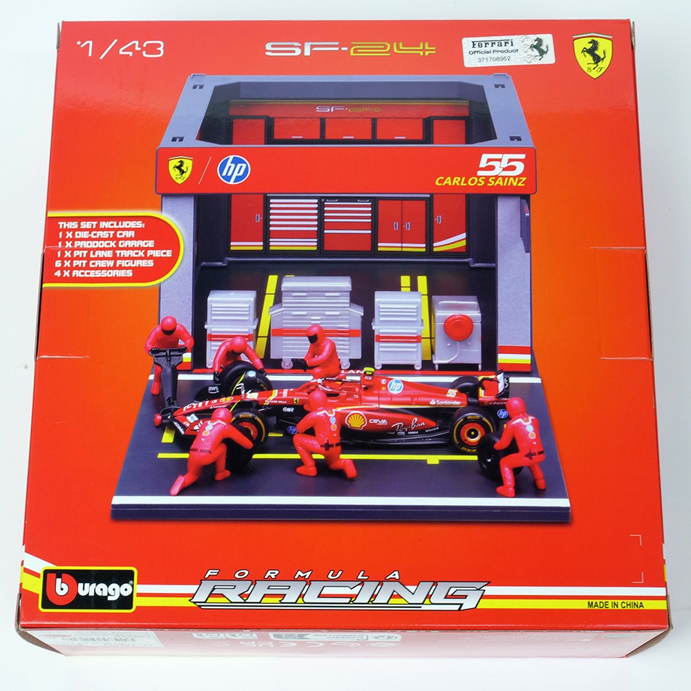 Bburago 1/43スケール フェラーリ PIT PASSセット SF-24 #55 C.サインツ (クルー×6pcs,パドックガレージ) 18-36862S