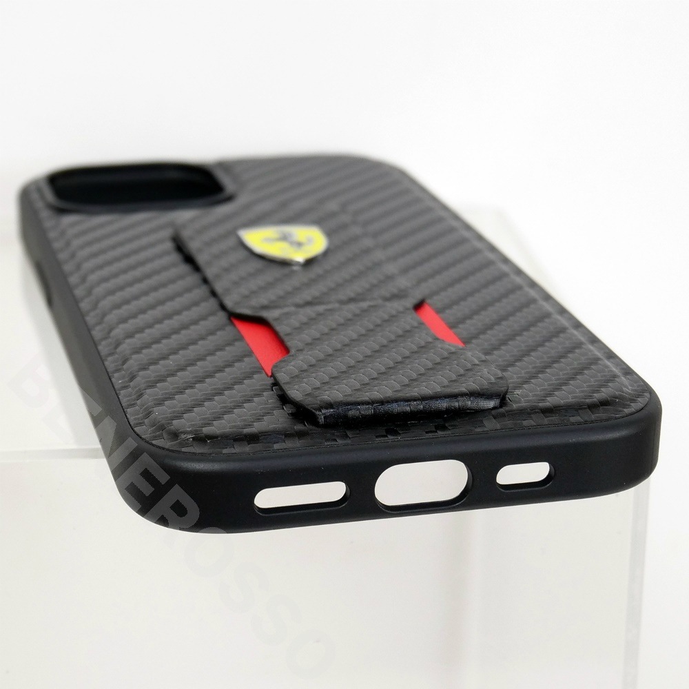 フェラーリ iPhone 15 PUレザー バックカバー ハンドストラップ ブラック FEHCP15SGSNCAK