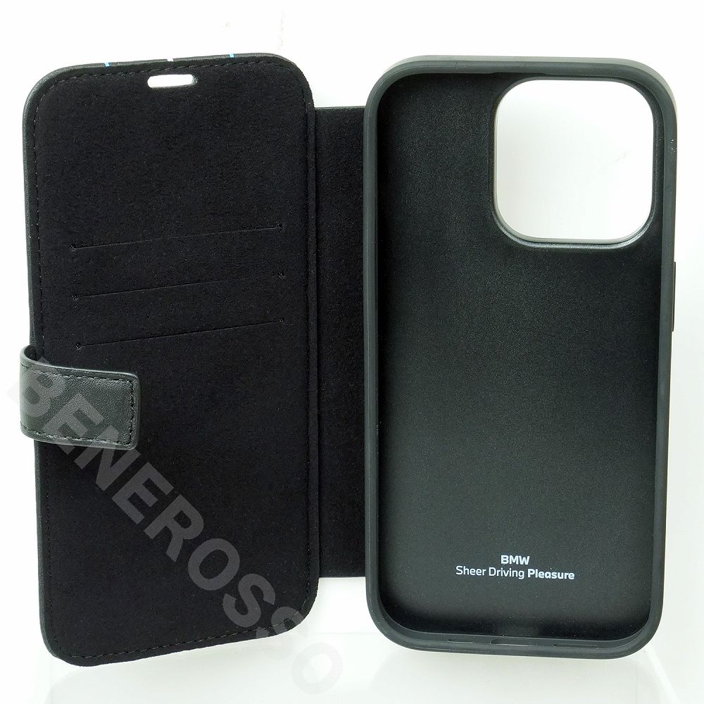 BMW iPhone 14Pro レザー ブックタイプケース HOT STAMP LINES ブラック BMBKP14L22RVSK