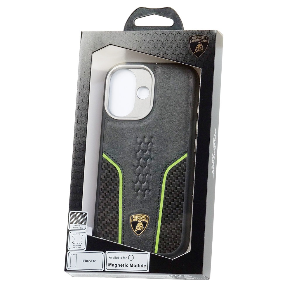 ランボルギーニ iPhone 17 レザー＆リアルカーボン バックカバー ウラカン D21 グリーン マグセーフ対応 LB-TPUPCMIP17-HU/D21-GN