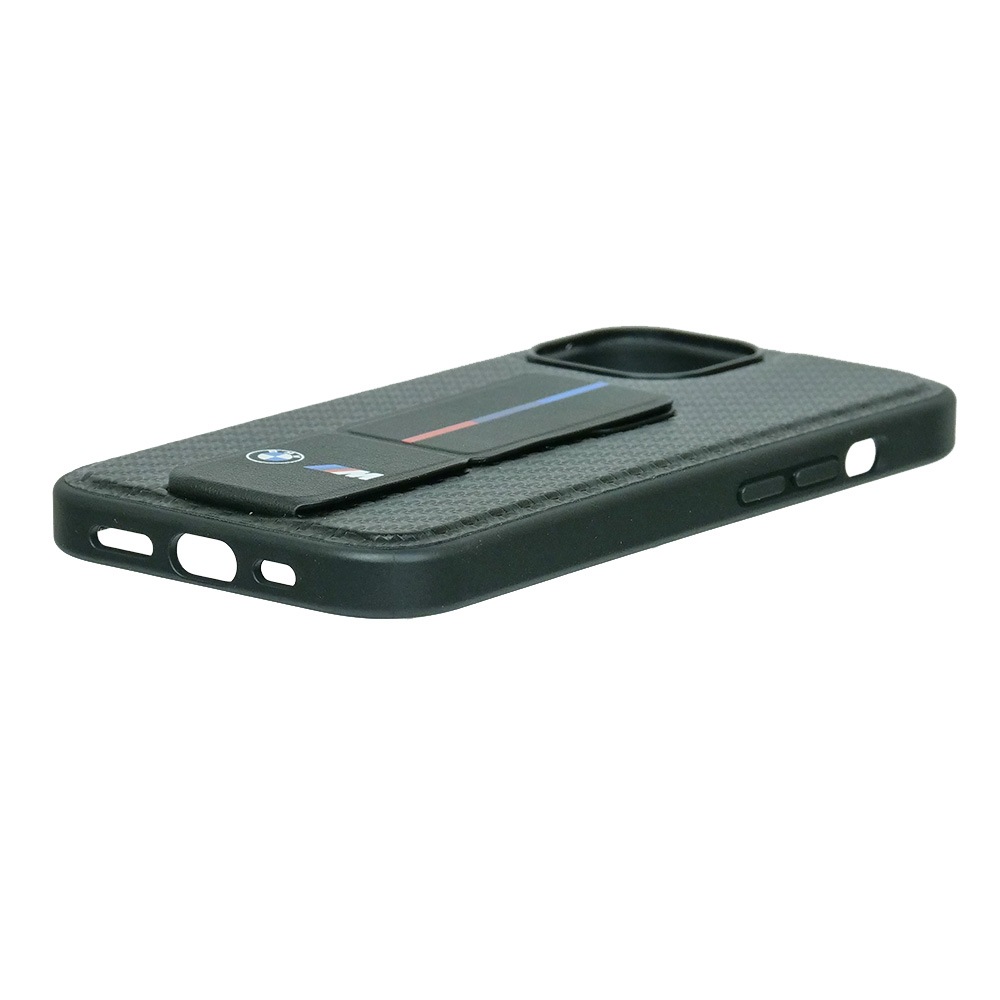 BMW iPhone 15 PUレザー カーボン調 バックカバー スタンド付 ブラック BMHCP15SGSPCCK