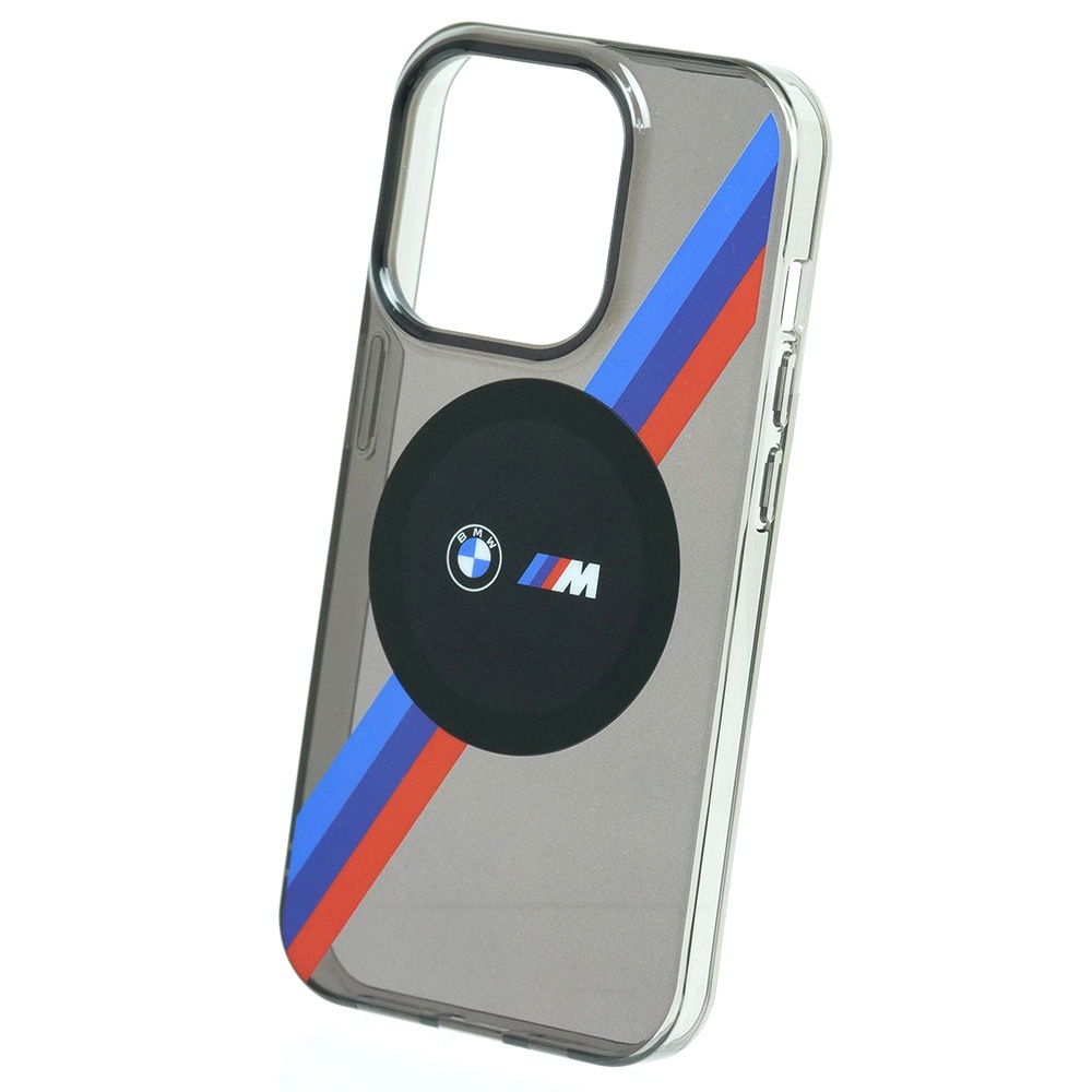 BMW iPhone 15Pro マグセーフ バックカバー トリコトールストライプ　スモークグレー BMHMP15LHDTK