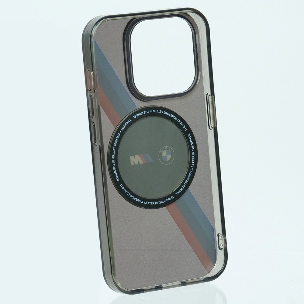 BMW iPhone 15Pro マグセーフ バックカバー トリコトールストライプ　スモークグレー BMHMP15LHDTK