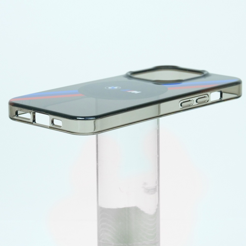 BMW iPhone 15Pro マグセーフ バックカバー トリコトールストライプ　スモークグレー BMHMP15LHDTK