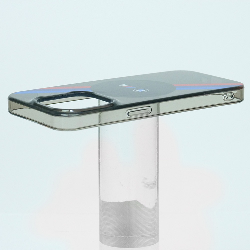 BMW iPhone 15Pro マグセーフ バックカバー トリコトールストライプ　スモークグレー BMHMP15LHDTK
