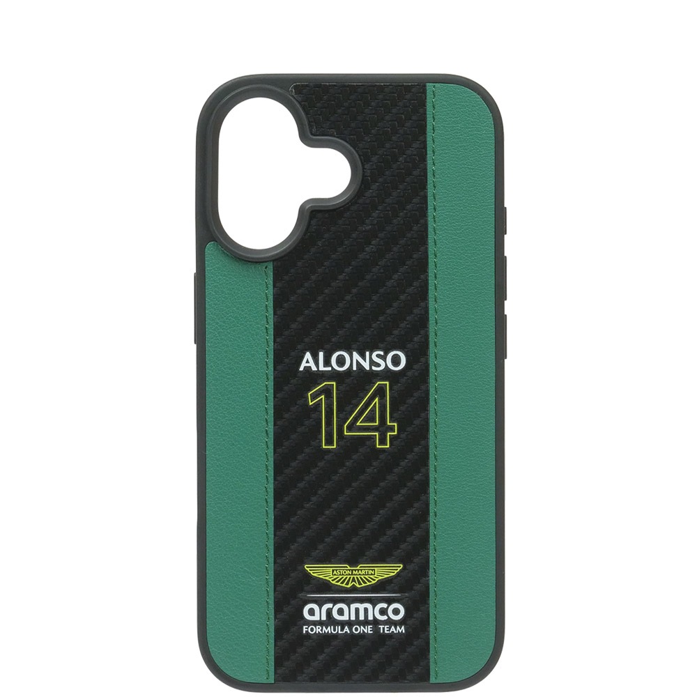 アストンマーチン アラムコ F1チーム iPhone16 レザー バックカバー F.アロンソ カーボン調ストライプ グリーン/ブラック ARHCP16SNCEAN