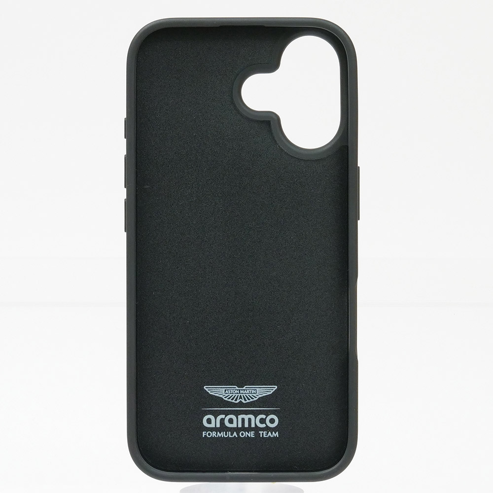 アストンマーチン アラムコ F1チーム iPhone16 レザー バックカバー F.アロンソ カーボン調ストライプ グリーン/ブラック ARHCP16SNCEAN