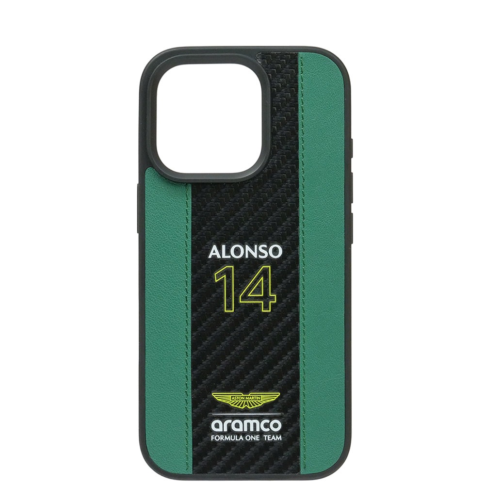 アストンマーチン アラムコ F1チーム iPhone16Pro レザー バックカバー F.アロンソ カーボン調ストライプ グリーン/ブラック ARHCP16LNCEAN