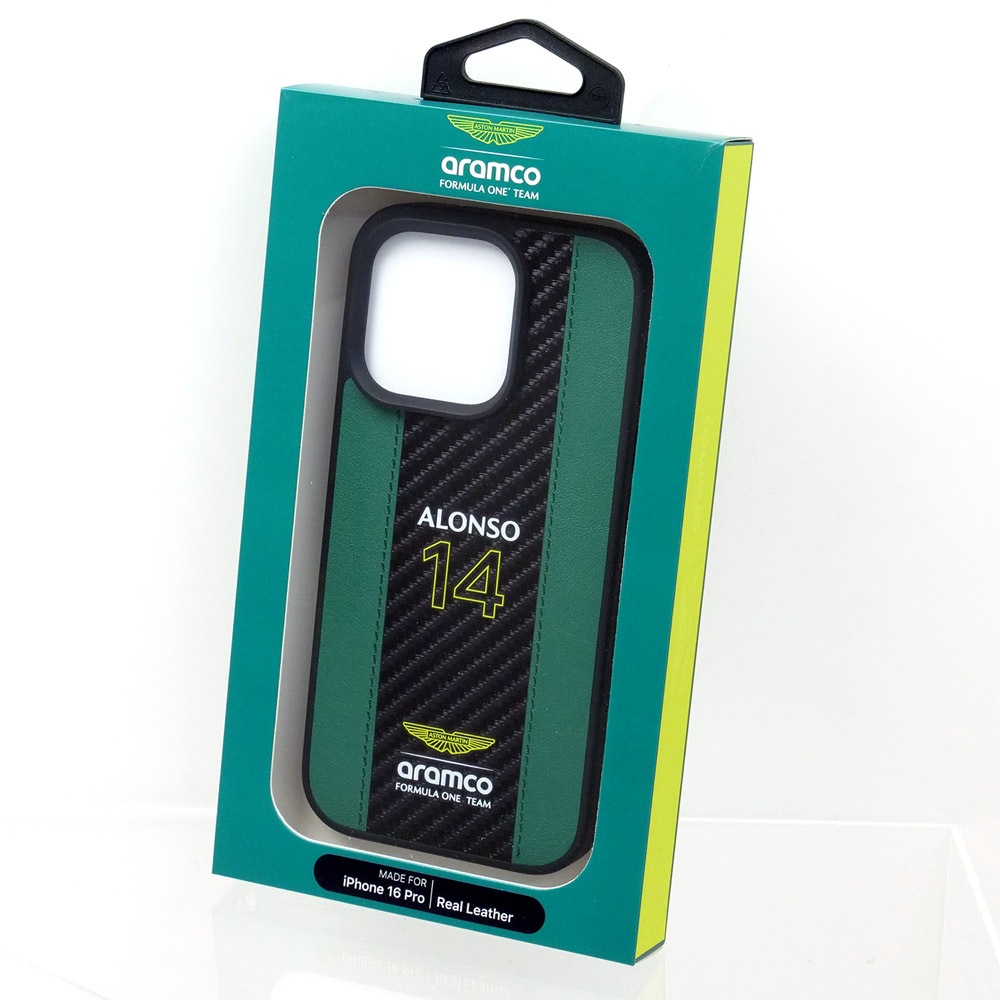 アストンマーチン アラムコ F1チーム iPhone16Pro レザー バックカバー F.アロンソ カーボン調ストライプ グリーン/ブラック ARHCP16LNCEAN
