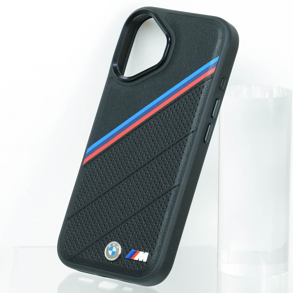 BMW iPhone 17 PUレザー バックカバー トリコロール メタルロゴ ブラック マグセーフ対応 BMHMP17S25PCSPEK