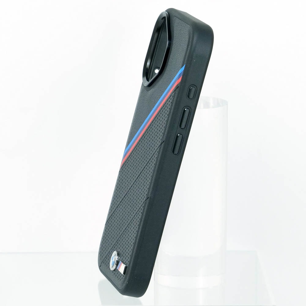 BMW iPhone 17 PUレザー バックカバー トリコロール メタルロゴ ブラック マグセーフ対応 BMHMP17S25PCSPEK