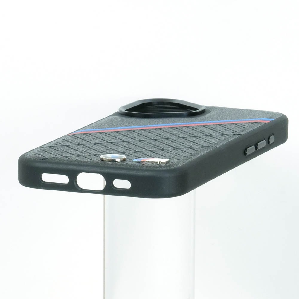 BMW iPhone 17 PUレザー バックカバー トリコロール メタルロゴ ブラック マグセーフ対応 BMHMP17S25PCSPEK