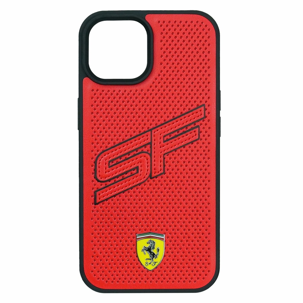 フェラーリ iPhone 15 PUレザー バックカバー ビッグ SF レッド