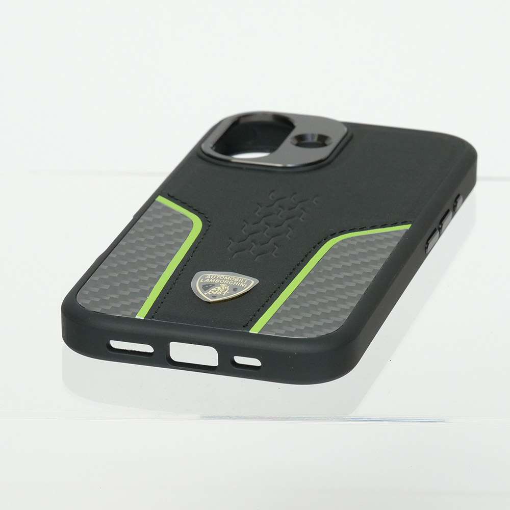 ランボルギーニ iPhone 16 マグセーフ レザー&リアルカーボン バックカバー ウラカン D21 グリーン LB-TPUPCMIP16-HU/D21-GN