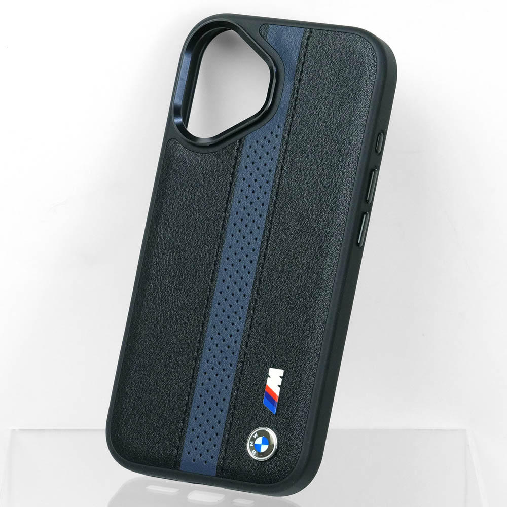 BMW iPhone 17 PUレザー バックカバー パフォーデットストライプ メタルロゴ ブラック マグセーフ対応 BMHMP17S25PCPSKB