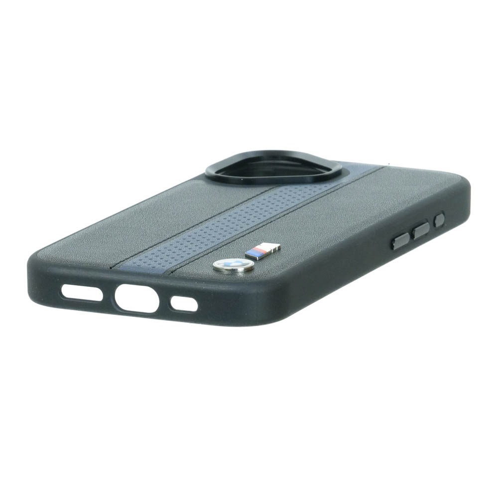 BMW iPhone 17 PUレザー バックカバー パフォーデットストライプ メタルロゴ ブラック マグセーフ対応 BMHMP17S25PCPSKB