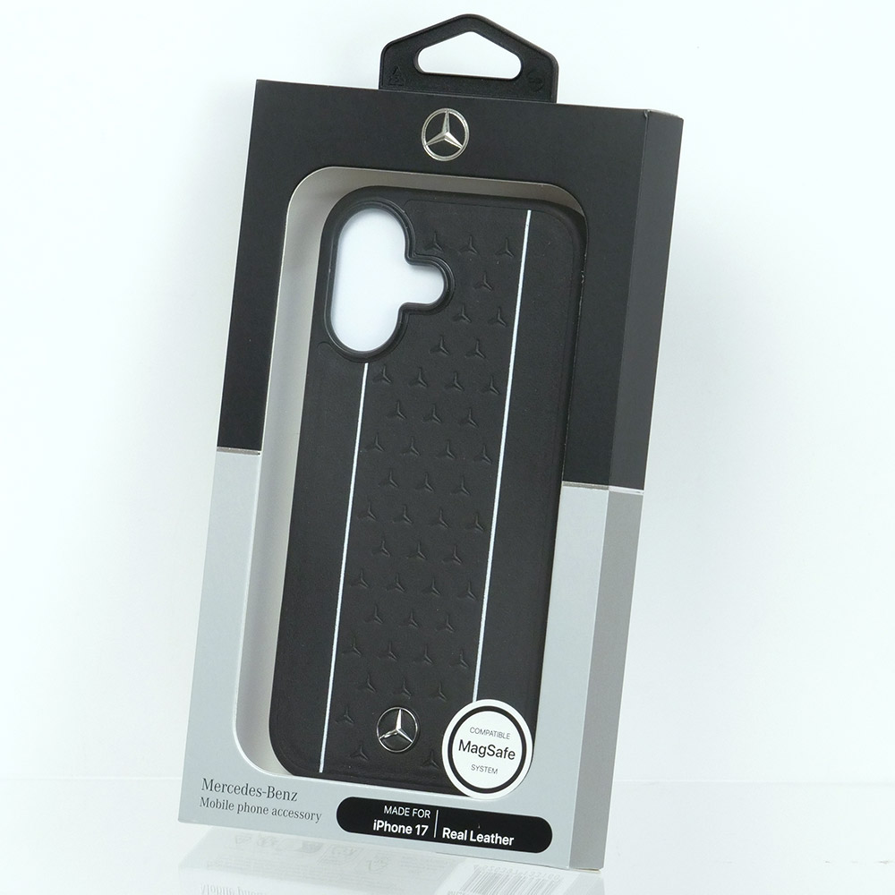 メルセデスベンツ iPhone 17 レザー バックカバー 星形模様 ホワイトライン ブラック マグセーフ対応 MEHMP17S25RPSLKH