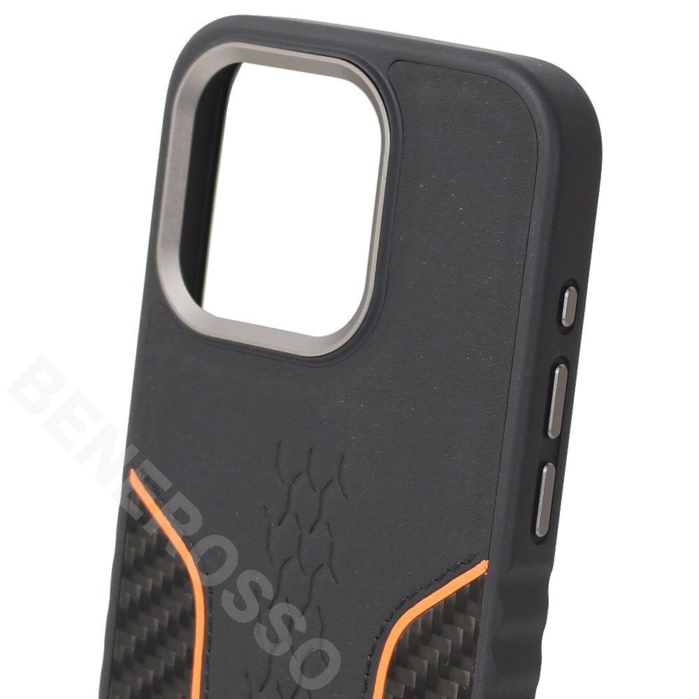 ランボルギーニ iPhone 15ProMax マグセーフ アルカンターラ＆カーボンファイバー バックカバー ウラカン D21 オレンジ LB-TPUPCMIP15PM-HU/D21-OE