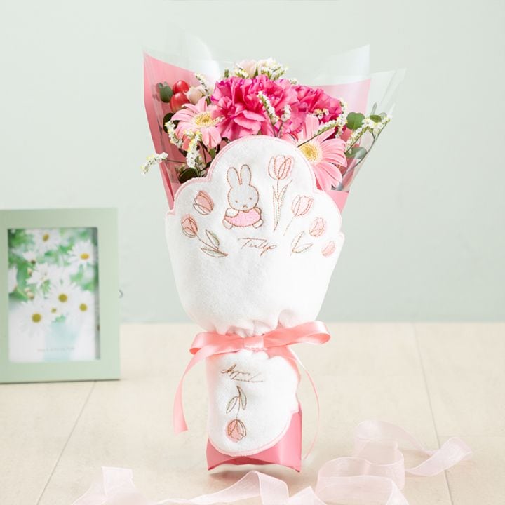 【直送商品A】ミニタオル/チャームが選べる フラワーブーケ ピンク