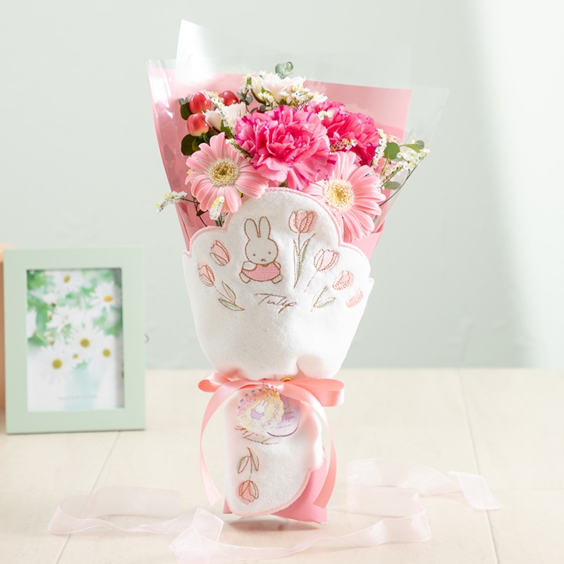 【直送商品A】ミニタオル/チャームが選べる フラワーブーケ ピンク