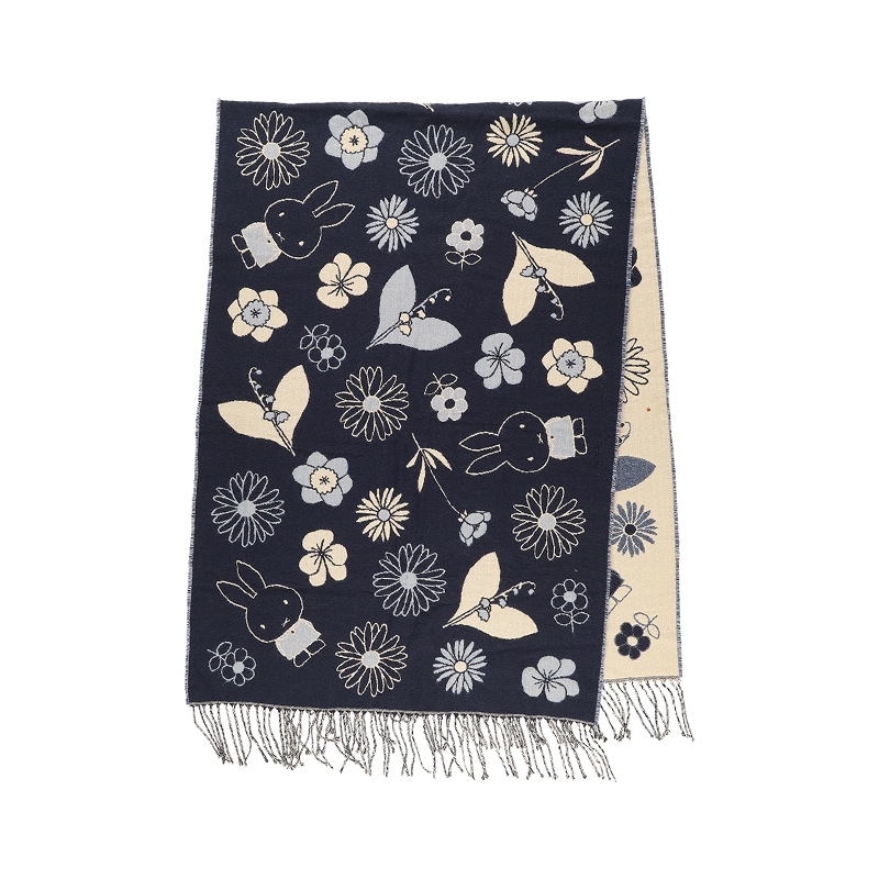 Flowermiffy ストール Flowers bloom ネイビー＆アイボリー