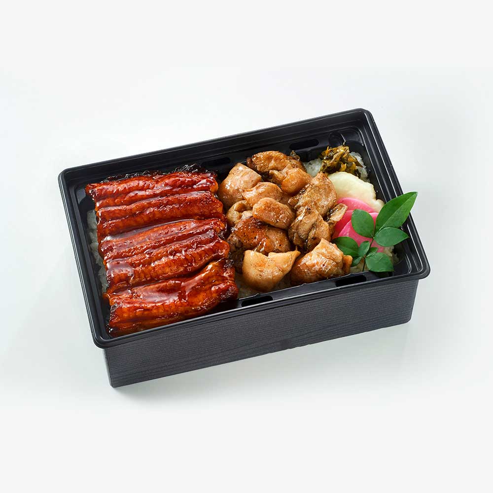 うなぎと地鶏の炭火焼重【上】(温まる容器)