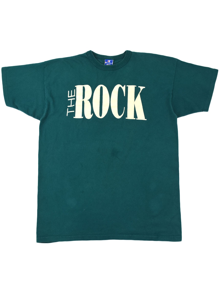90's 青刺繍タグ チャンピオン ''THE ROCK'' プリントTシャツ グリーン 表記(XL) USA製