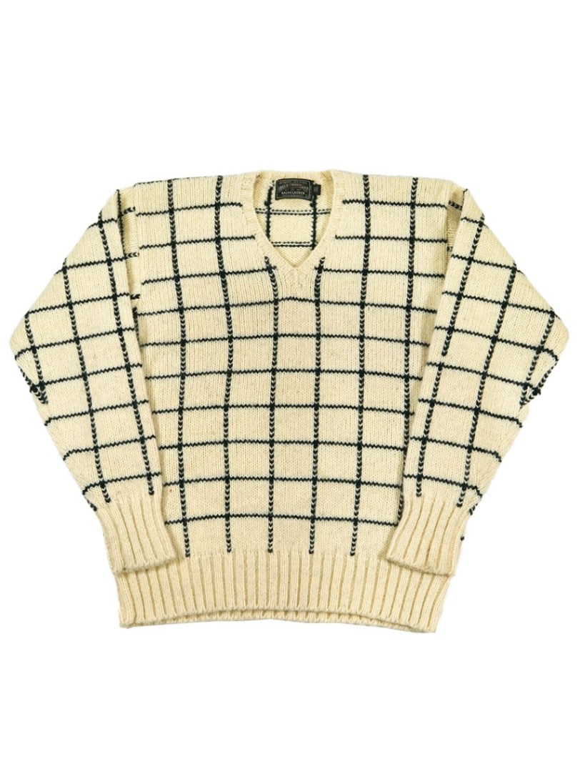 POLO COUNTRY Vネック ウールニットセーター アイボリー 格子柄 表記(L)