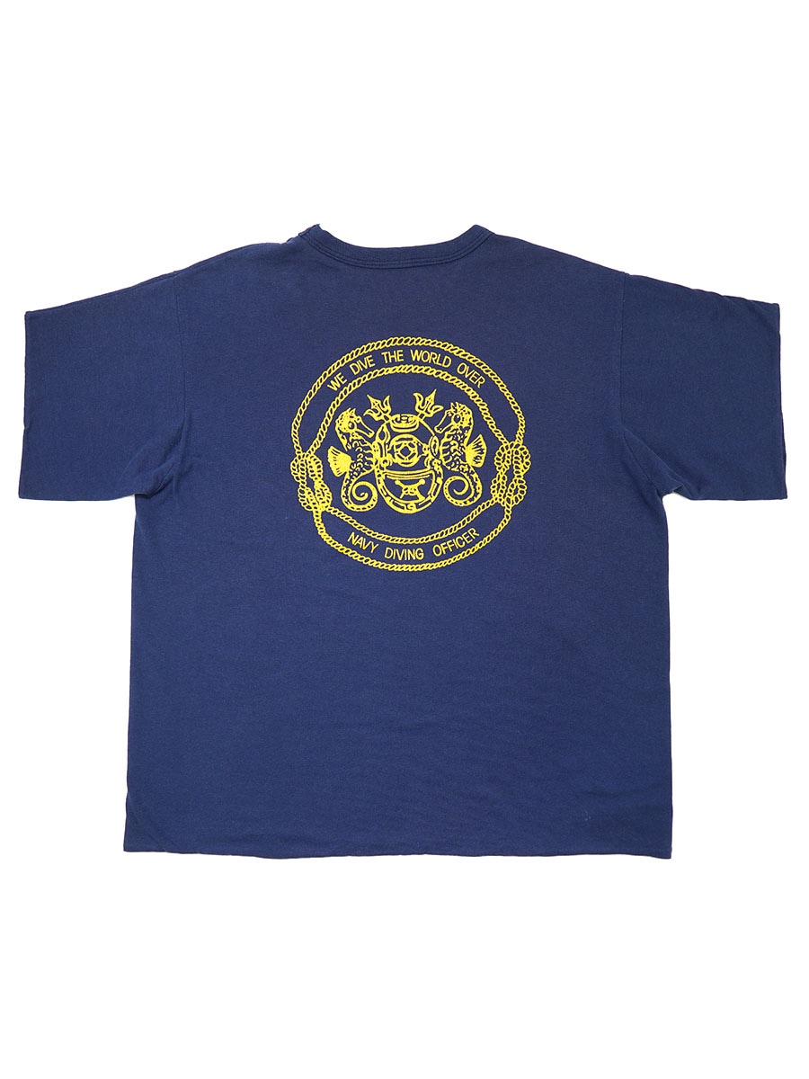 80's～ ''U.S. NAVY DIVERS'' 両面プリント リバーシブルTシャツ 紺x黄 実寸(XL位)