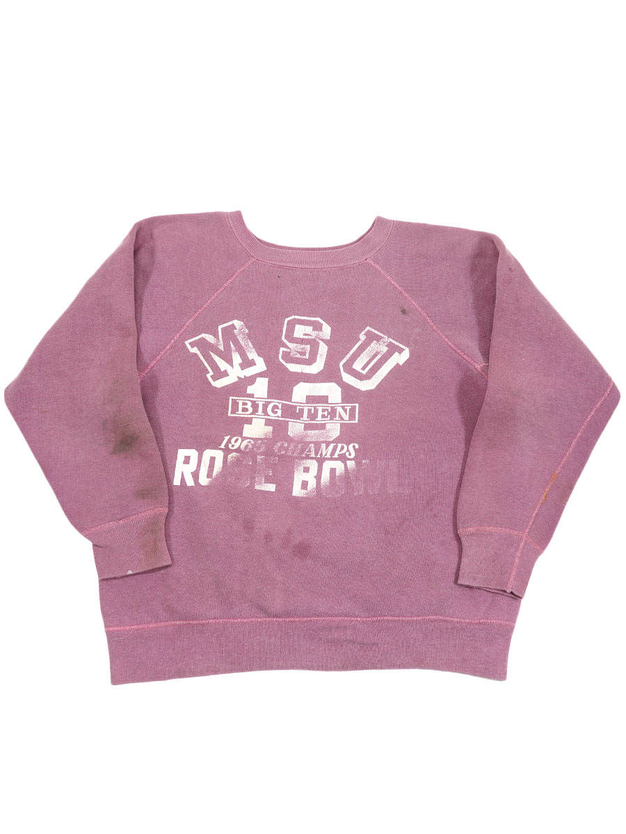 60's ''M S U BIG TEN 1965 CHAMPS ROSE BOWL'' 4段プリント ラグランスウェット 実寸(M位) 褪せエンジ