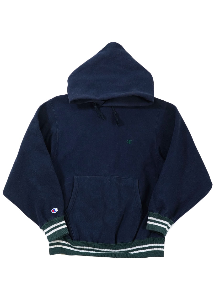 90's 刺繍タグ チャンピオンRWパーカ リブライン 無地ネイビー 表記(M) USA製