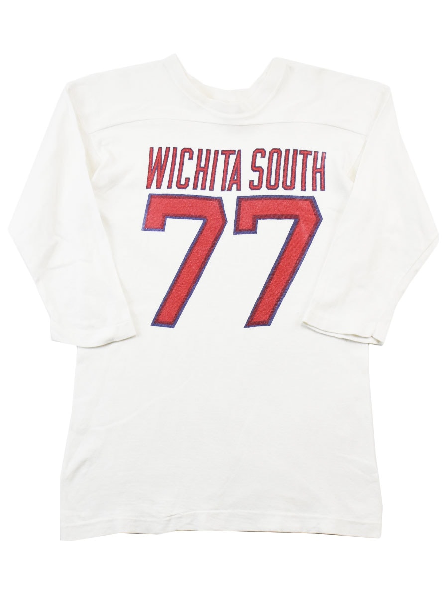 70's～ THE College House ''WICHITA SOUTH #77'' 染み込みプリント フットボールTシャツ ホワイト 表記(M)