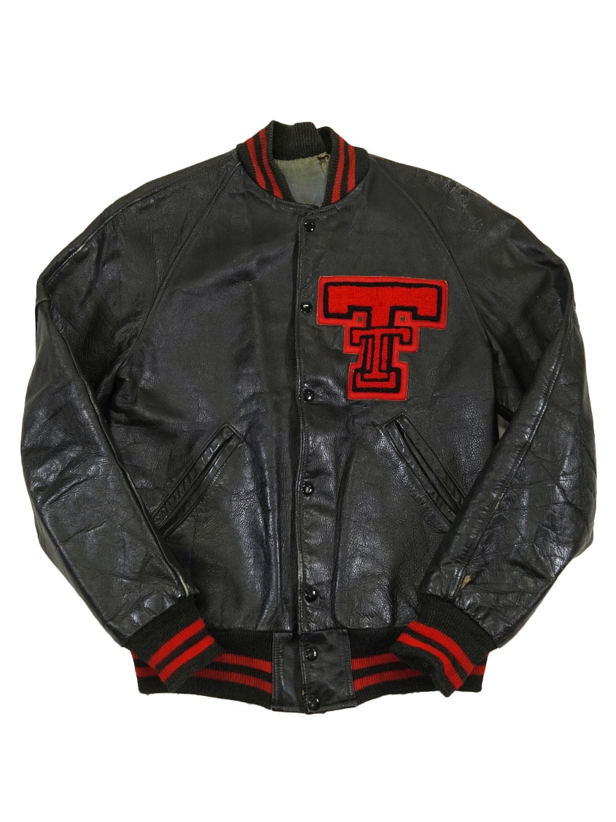 60's ''TT'' オールレザー バーシティジャケット ブラックxブラック 実寸（XL位）