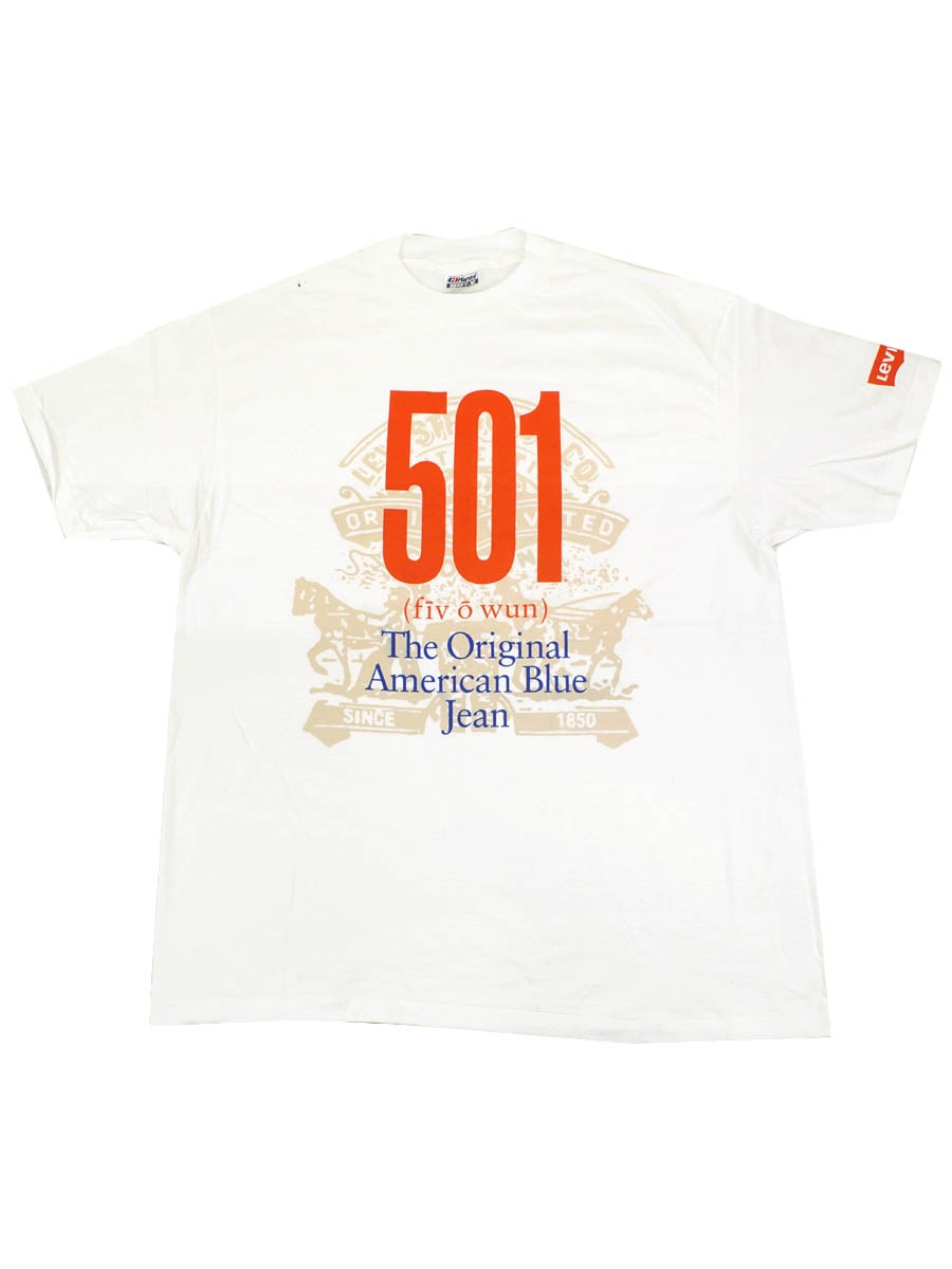 90's Hanes Levi's ''501 The Original American Blue Jean'' 袖プリント入りTシャツ 表記(XL) DEAD