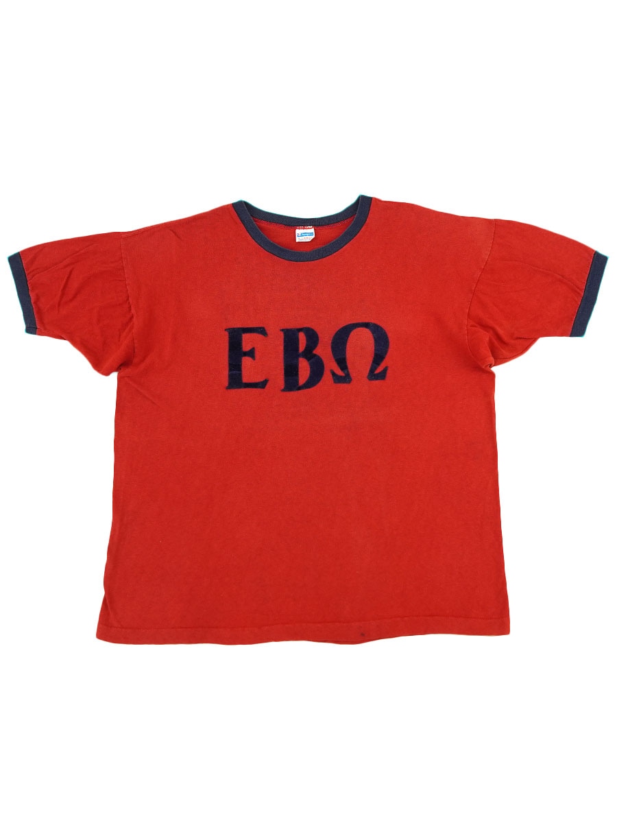 70's バータグ チャンピオン ''EBΩ'' フェルトプリント 100%コットン リンガーTシャツ 表記(XL)
