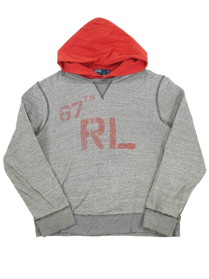 ラルフローレン ''67TH RL ５'' レイヤード 両面プリント 前V スウェットパーカ グレー 表記(XL)