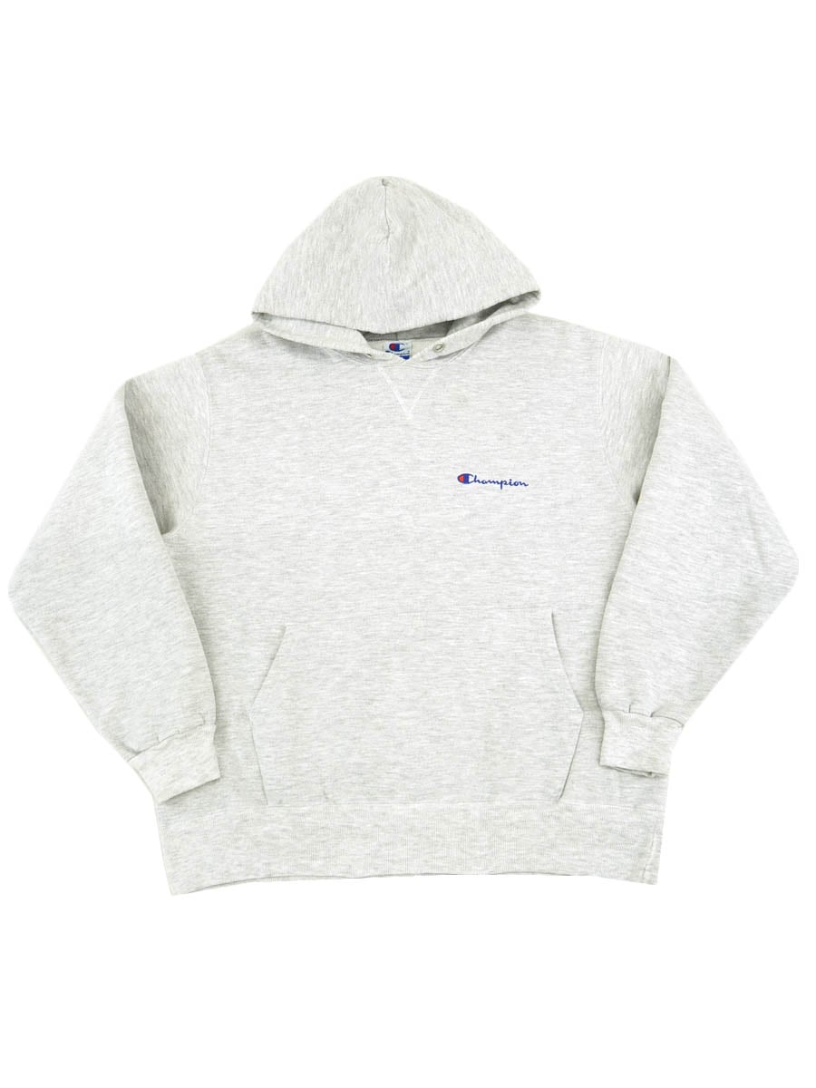 90's 青刺繍タグ チャンピオン スクリプトロゴ 前V スウェットパーカ グレー 表記(L) USA製